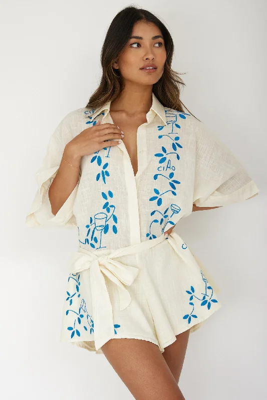 Daytona Beach Button-Up Romper Embroidered Beige