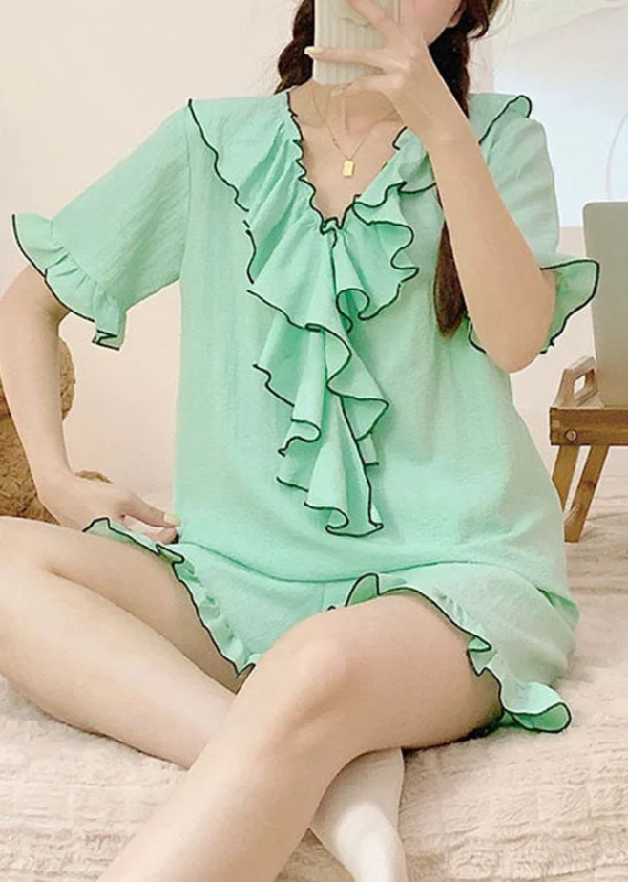 DIY Green V Neck Ruffled Patchwork Knitting Cotton Pajamas Set Summer