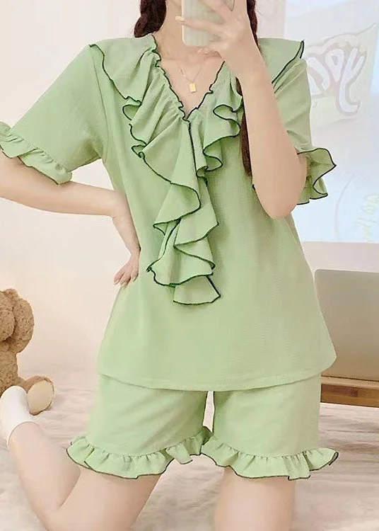 DIY Green V Neck Ruffled Patchwork Knitting Cotton Pajamas Set Summer