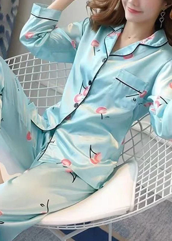 Elegant Blue Peter Pan Collar Print Button Ice Silk Pajamas Two Pieces Set Spring