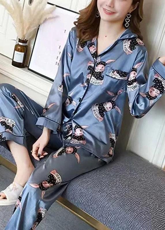 Elegant Blue Peter Pan Collar Print Button Ice Silk Pajamas Two Pieces Set Spring