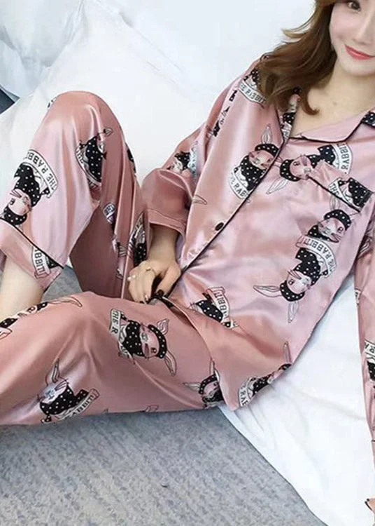 Elegant Blue Peter Pan Collar Print Button Ice Silk Pajamas Two Pieces Set Spring