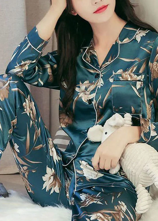 Elegant Blue Peter Pan Collar Print Ice Silk Pajamas Two Pieces Set Summer