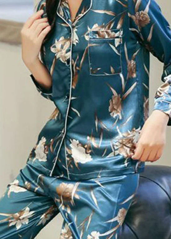 Elegant Blue Peter Pan Collar Print Ice Silk Pajamas Two Pieces Set Summer