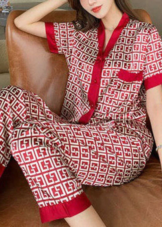 Elegant Red V Neck Print Patchwork Ice Silk Pajamas Two Pieces Set Summer