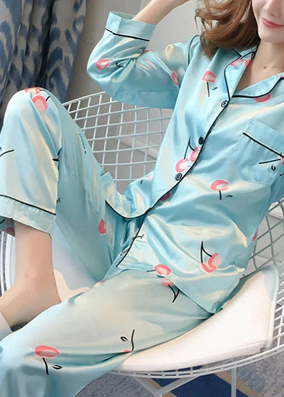 Fashion Pink Peter Pan Collar Print Ice Silk Pajamas Two Piece Suit Set Spring