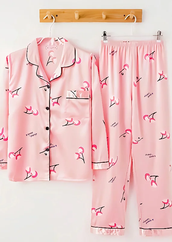 Fashion Pink Peter Pan Collar Print Ice Silk Pajamas Two Piece Suit Set Spring