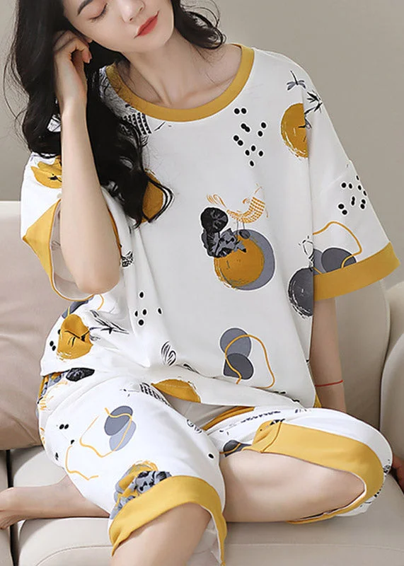 French White O-Neck Print Cotton Pajamas Two Piece Set Summer