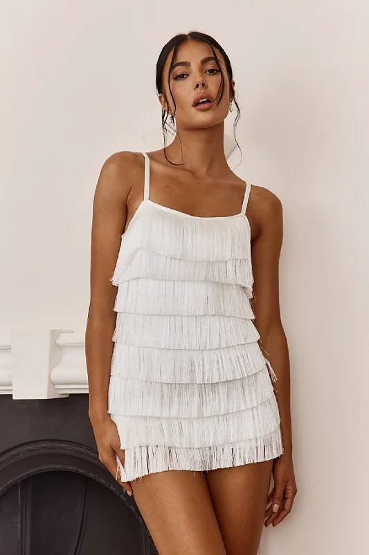 Gatsby Tiered Fringe Mini Romper White