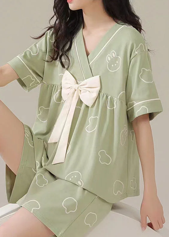 Green Print Patchwork Cotton Pajamas Women Sets 2 Pieces  Bow Summer