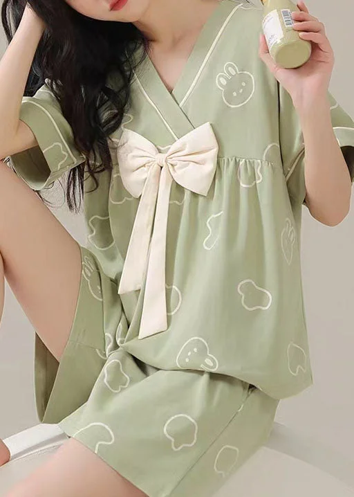 Green Print Patchwork Cotton Pajamas Women Sets 2 Pieces  Bow Summer