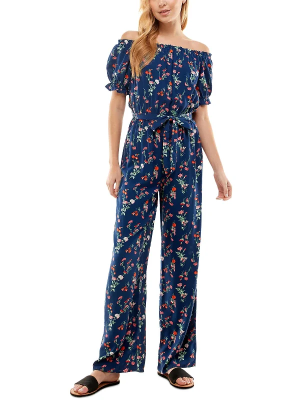 Juniors Womens Floral Print Off-The-Shoulder Jumpsuit