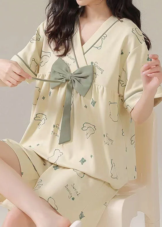 Light Green Bow Patchwork Cotton Pajamas Two Pieces V Neck Summer