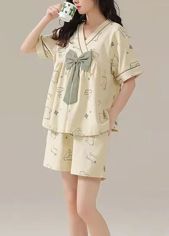 Light Green Bow Patchwork Cotton Pajamas Two Pieces V Neck Summer