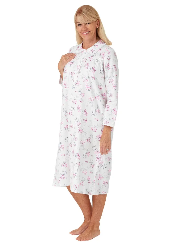 Marlon Floral Frill Collar Long Sleeve Nightdress, White and Pink