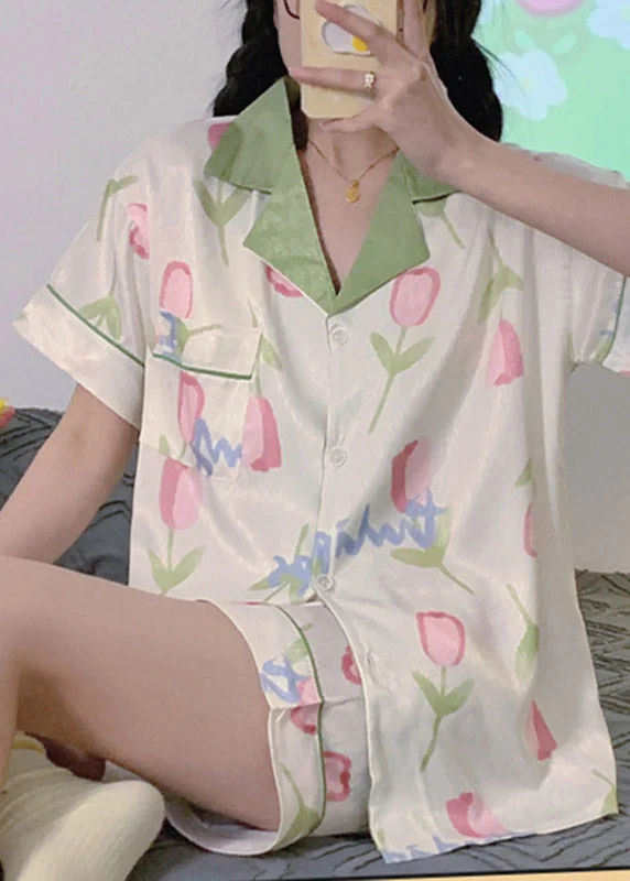 Modern Green Peter Pan Collar Print Button Ice Silk Pajamas Two Piece Set Short Sleeve