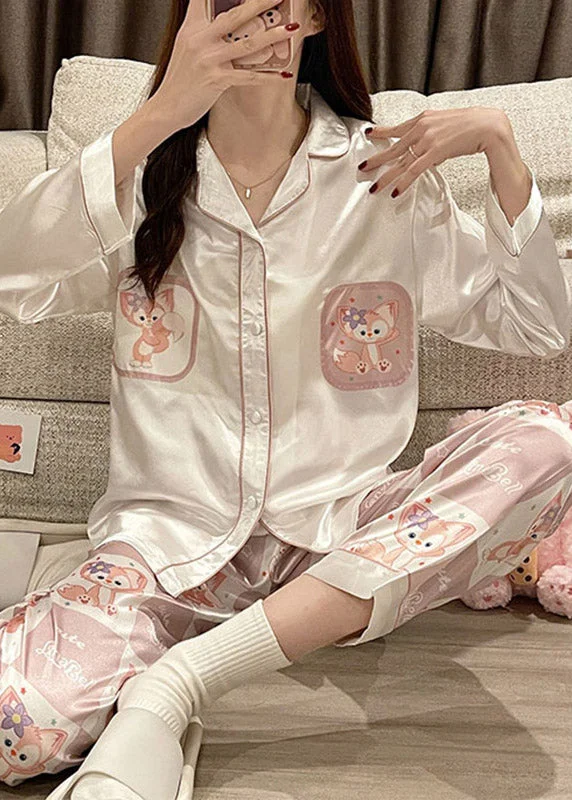 Novelty Pink Print Button Ice Silk Pajamas Two Pieces Set Long Sleeve