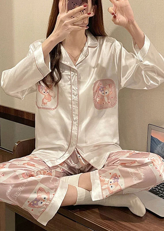 Novelty Pink Print Button Ice Silk Pajamas Two Pieces Set Long Sleeve