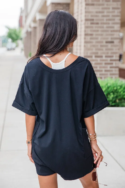 On A Daily Basis Black Deep V-Neck Pocketed Romper