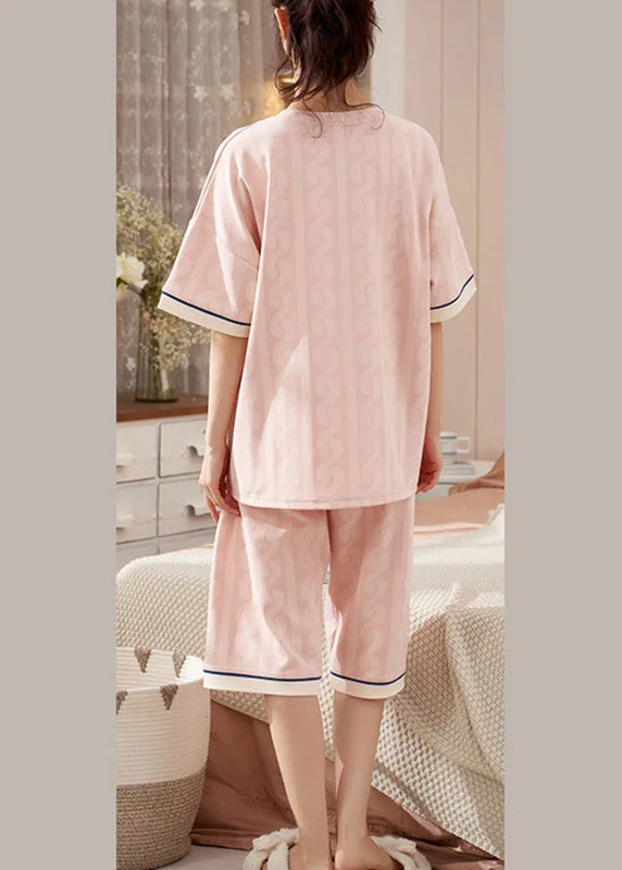 Pink V Neck Animal Print Cotton Pajamas Two Piece Set Short Sleeve