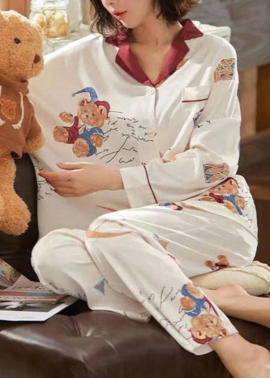 Red Patchwork Ice Silk Pajamas Two Pieces Set Peter Pan Collar Summer