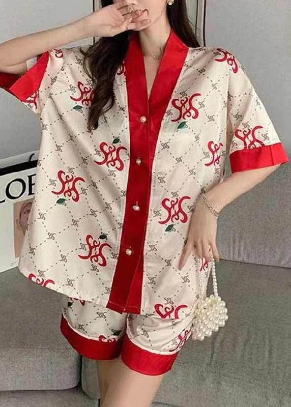 Red Print Patchwork Ice Silk Pajamas Two-Piece Set V Neck Summer