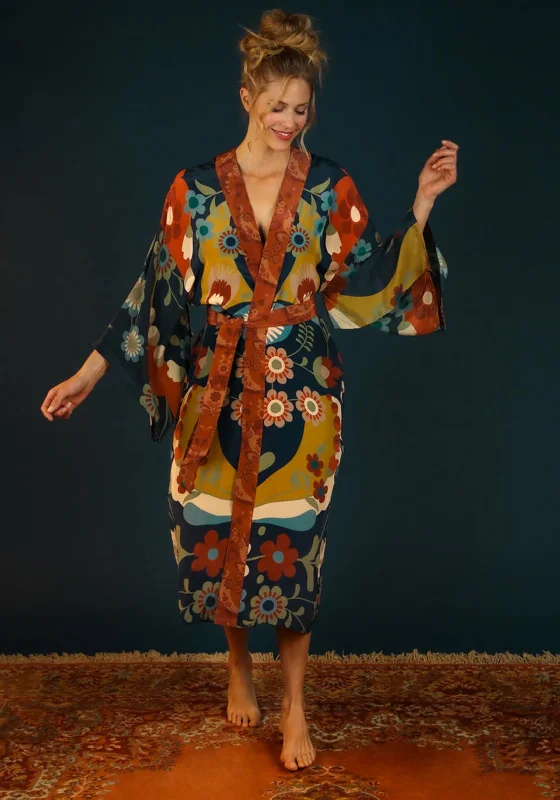 Powder Scandinavian Flora Kimono Gown, Navy