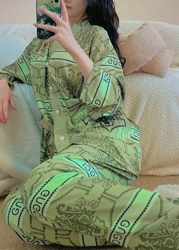 Sexy Green V Neck Print Button Ice Silk Pajamas Two Pieces Set Long Sleeve