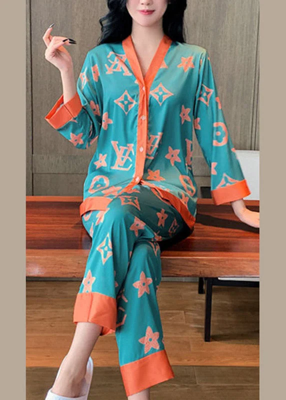 Sexy Green V Neck Print Ice Silk Pajamas Two Pieces Set Spring