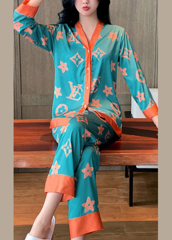 Sexy Green V Neck Print Ice Silk Pajamas Two Pieces Set Spring