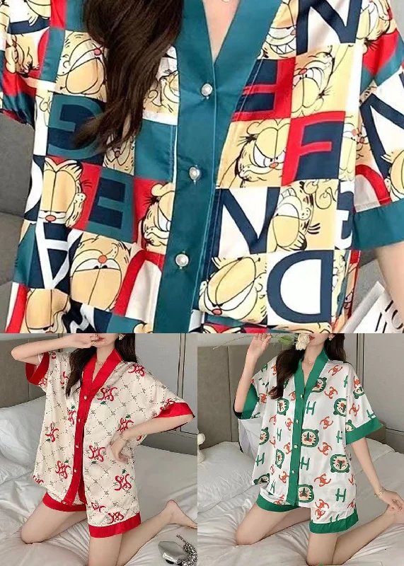 Stylish Blue V Neck Print Patchwork Ice Silk Two Piece Pajamas Summer