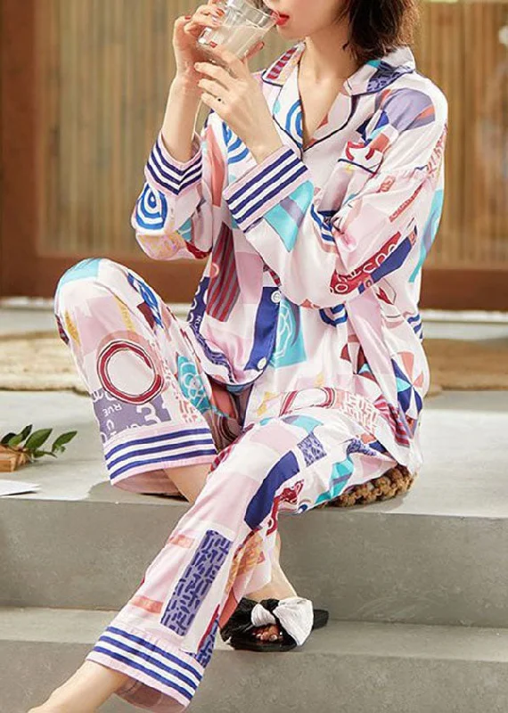 Unique Cartoon Cats Print Ice Silk Pajamas Two Pieces Set Summer