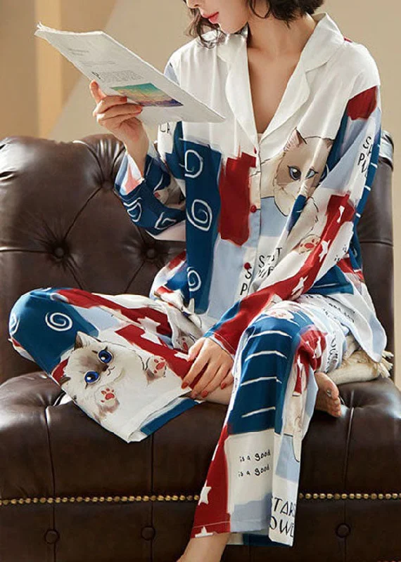 Unique Cartoon Cats Print Ice Silk Pajamas Two Pieces Set Summer