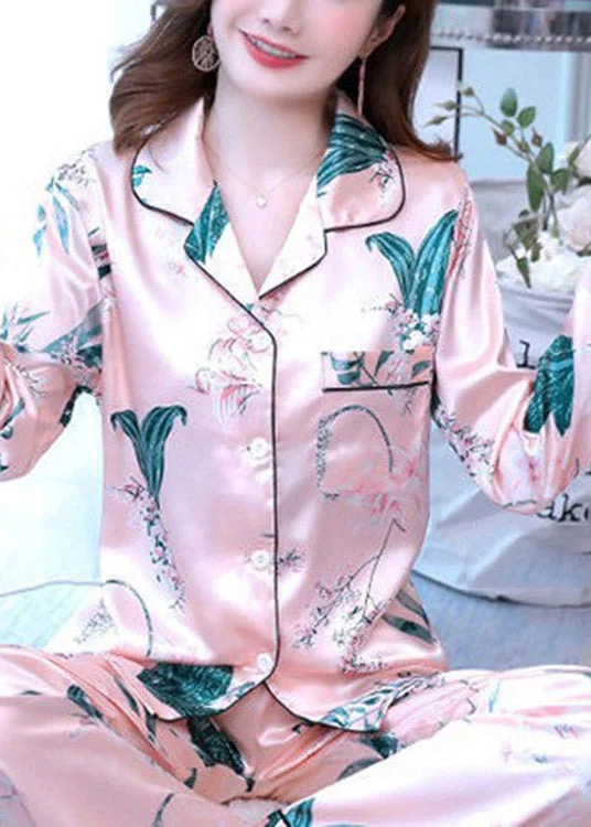 Vogue Pink Peter Pan Collar Print Button Ice Silk Pajamas Two Pieces Set Spring