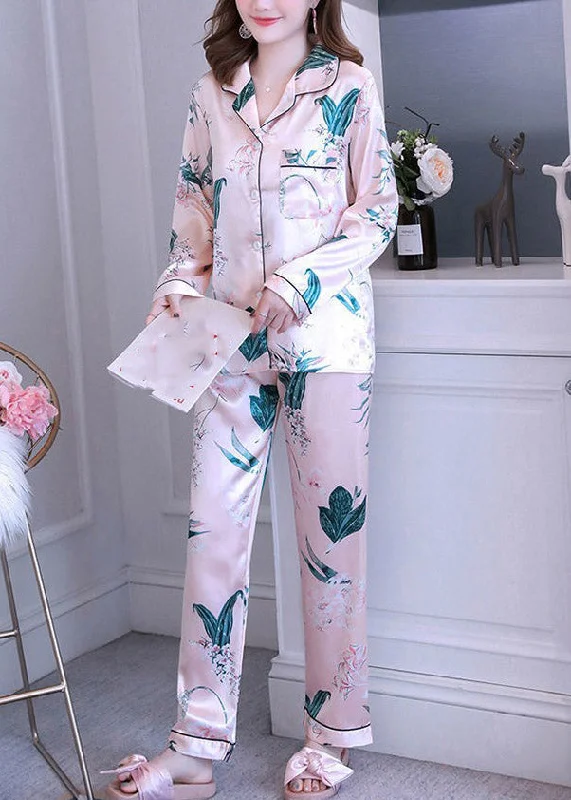 Vogue Pink Peter Pan Collar Print Button Ice Silk Pajamas Two Pieces Set Spring