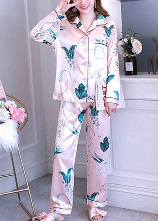 Vogue Pink Peter Pan Collar Print Button Ice Silk Pajamas Two Pieces Set Spring