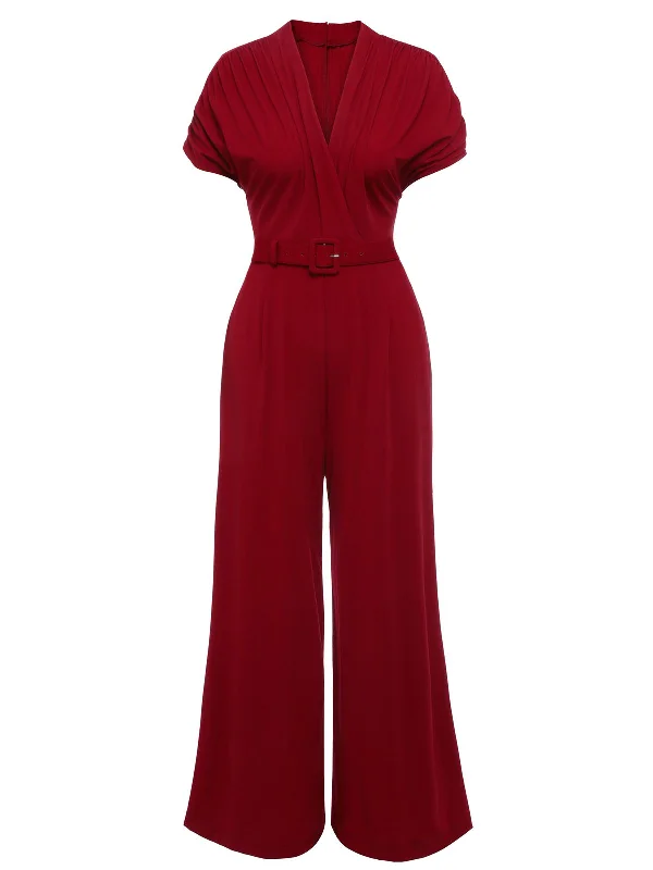 Wine Red 1930s V-neck Solid Wrap Jumpsuit