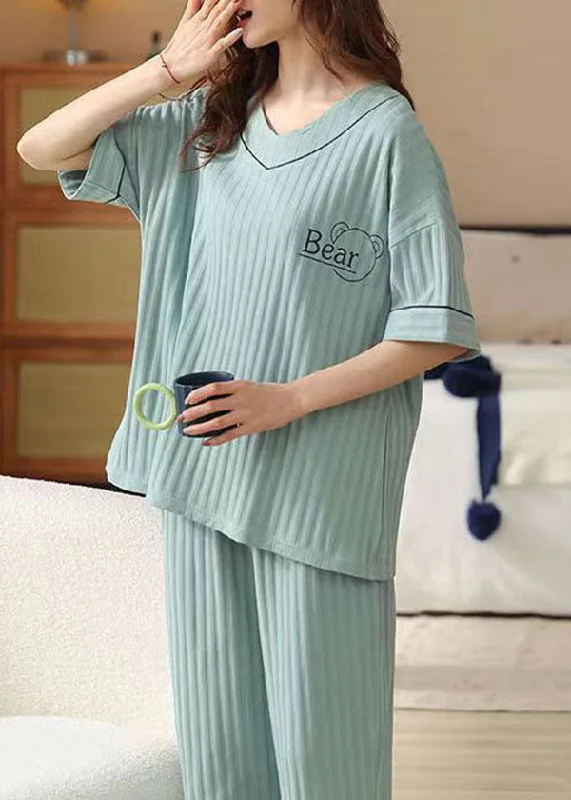 Women Blue V Neck Patchwork Cotton Pajamas Two Piece Set Summer