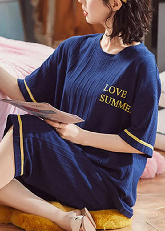 Women Navy Blue O-Neck Graphic Pajamas Two Pieces Set Short Sleeve