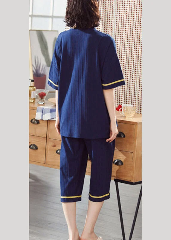 Women Navy Blue O-Neck Graphic Pajamas Two Pieces Set Short Sleeve