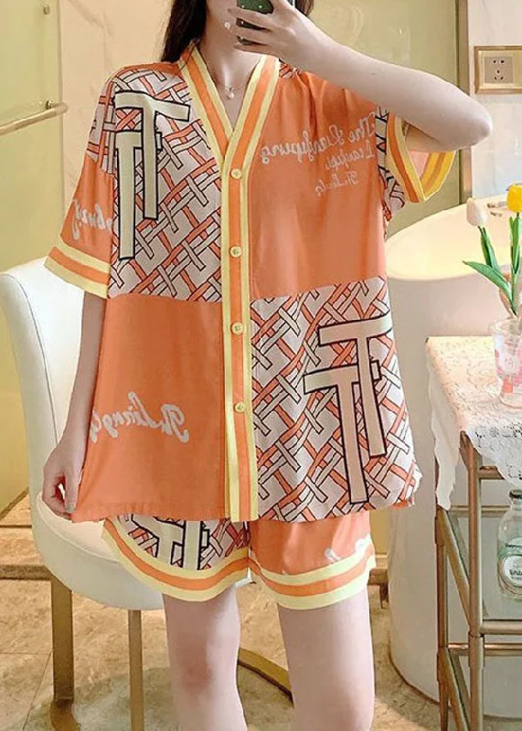 Women Orange V Neck Patchwork Print Ice Silk Pajamas Two Piece Set Summer