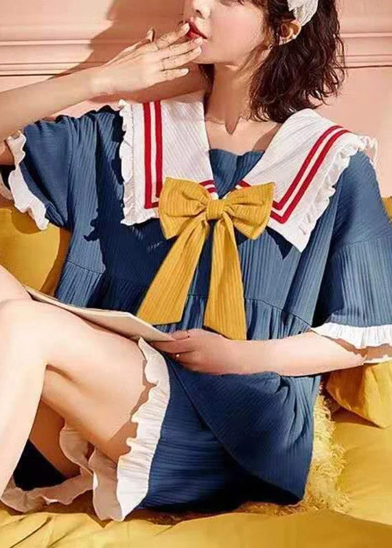 Women Pink Sailor Collar Bow Cotton Pajamas Two Pieces Set Short Sleeve