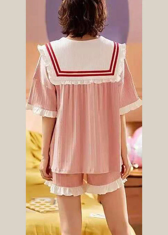 Women Pink Sailor Collar Bow Cotton Pajamas Two Pieces Set Short Sleeve