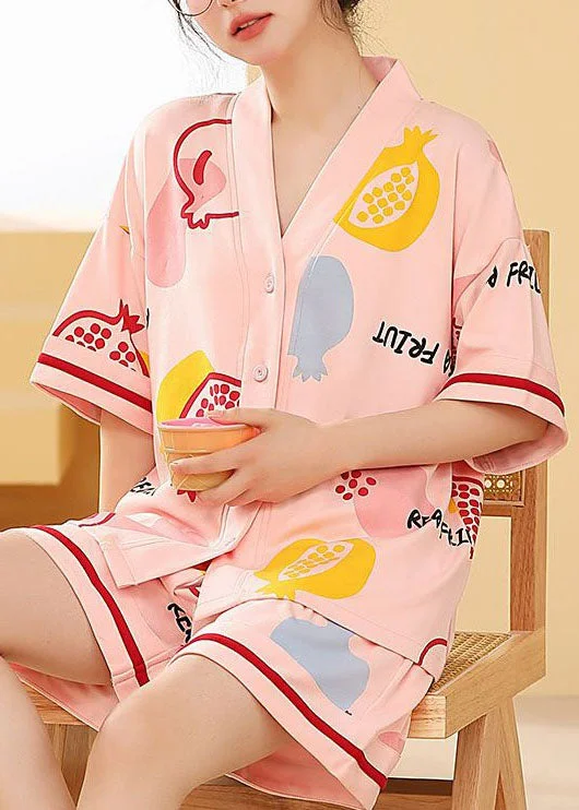 Women Pink V Neck Print Cotton Two Pieces Set Pajamas Summer