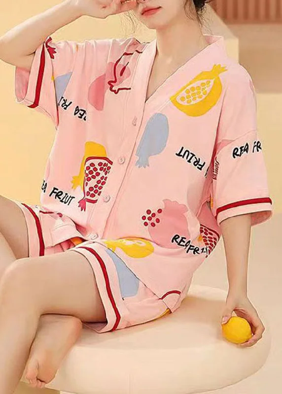 Women Pink V Neck Print Cotton Two Pieces Set Pajamas Summer