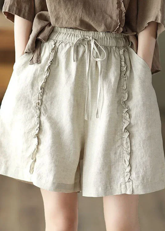 Beige Pockets Patchwork Linen Hot Pants Elastic Waist Summer