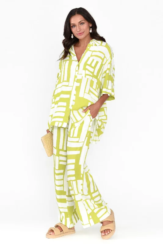 Burrows Green Abstract Wide Leg Pants