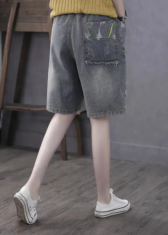 Classy Grey Print Embroideried Elastic Waist Straight Shorts Summer