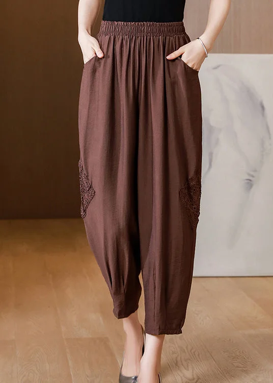 Coffee Elastic Waist Linen Lantern Pants Spring