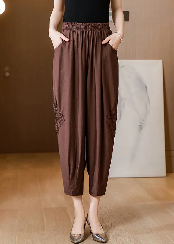 Coffee Elastic Waist Linen Lantern Pants Spring